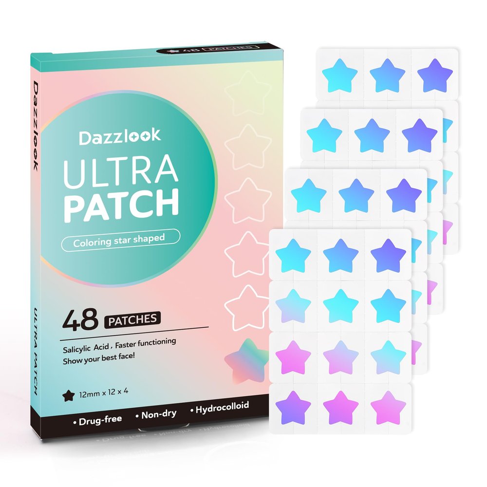 Dazzlook Cute Blue Star Pimple Patch with Salicylic Acid, Hydrocolloid Pimple Stickers Iridescent Colors 48 Pcs, Fashion Zits Blemishes Breakouts Patches