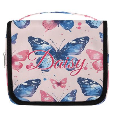 Foerrkelg Personalized Butterfly Hanging Travel Makeup Bag for Women,Custom Name Toiletry Bag with Hook,Portable Cosmetic Bag Organizer - Pink Blue