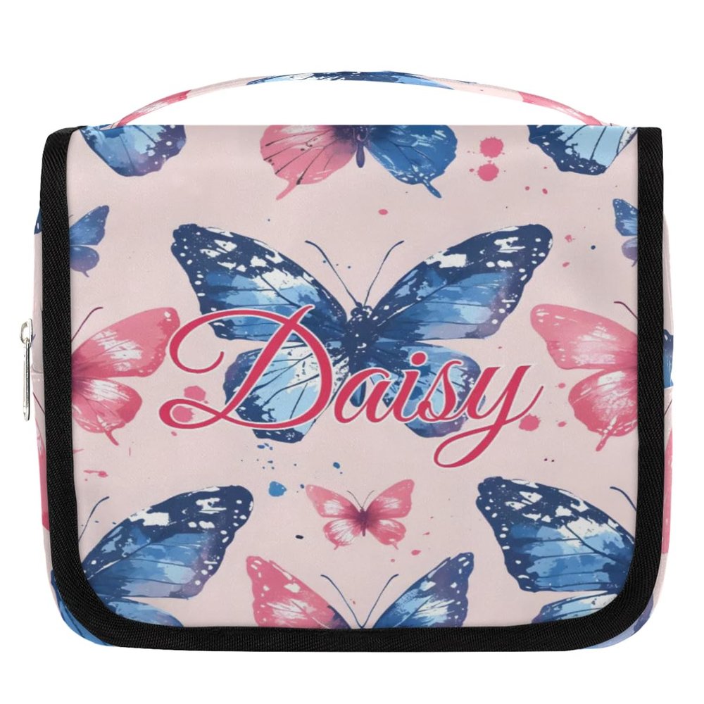 Foerrkelg Personalized Butterfly Hanging Travel Makeup Bag for Women,Custom Name Toiletry Bag with Hook,Portable Cosmetic Bag Organizer - Pink Blue