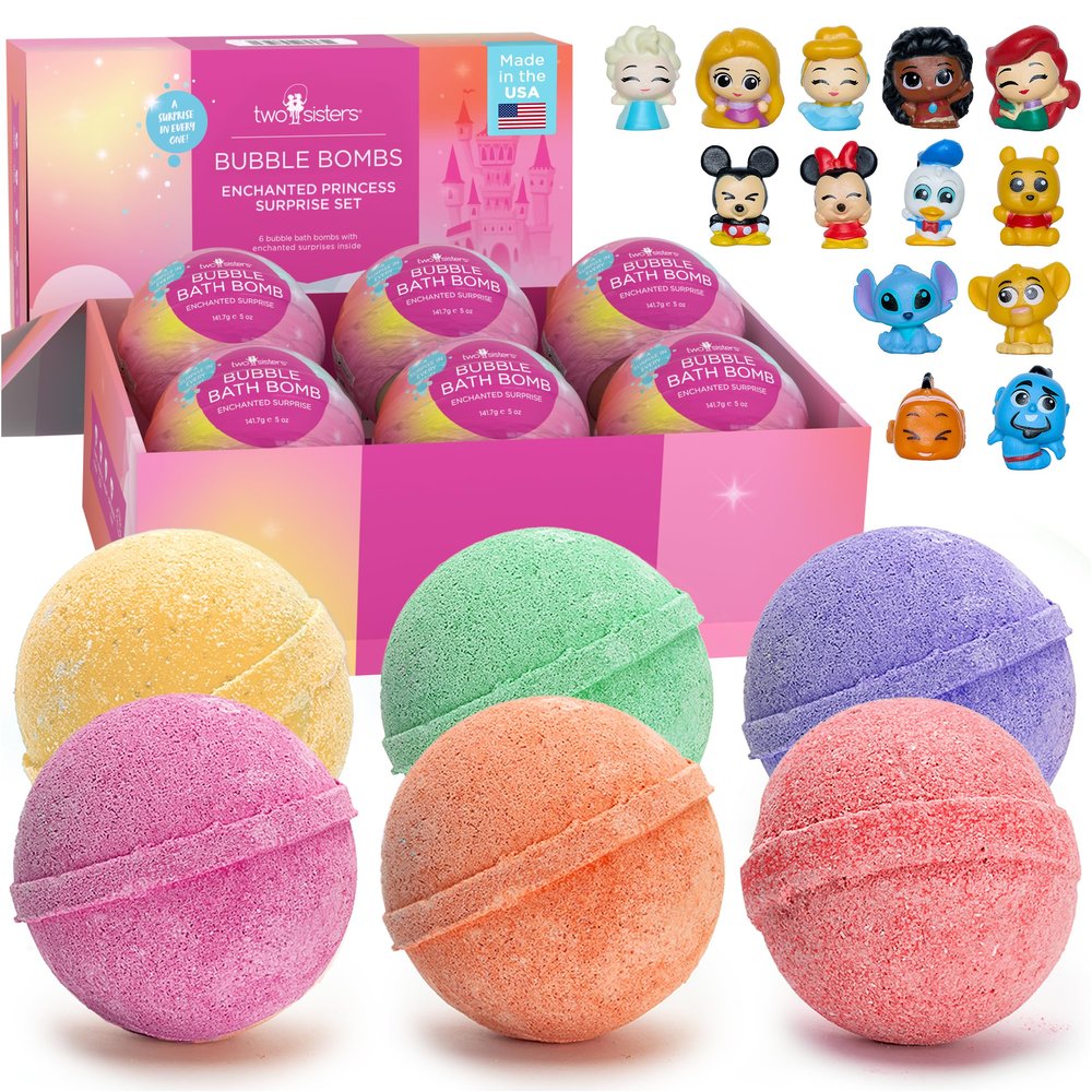 Princess Bath Bombs for Girls with Surprise Toys Inside (6 Pack) Large Fizzy Bubble Bath Bomb for Kids - Princess, Mermaid, Fairytale Bath Toys Fruity Scent, Skin-Safe, Made in USA by Two Sisters