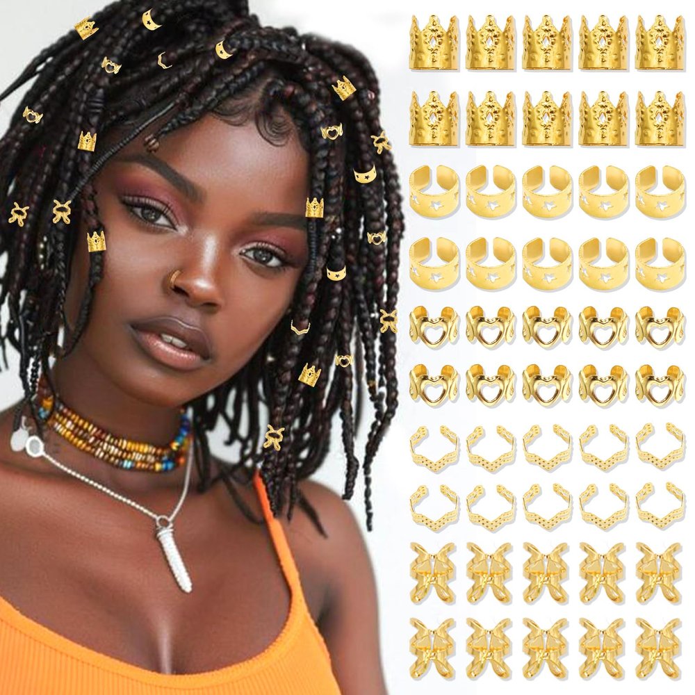 NAISKA 50Pcs Gold Hair Jewelry for Braids Crown Loc Dreadlock Accessories Adjustable Braid Jewelry Hair Cuffs Non-Piercing Ear Clips Decorations for Women and Girls