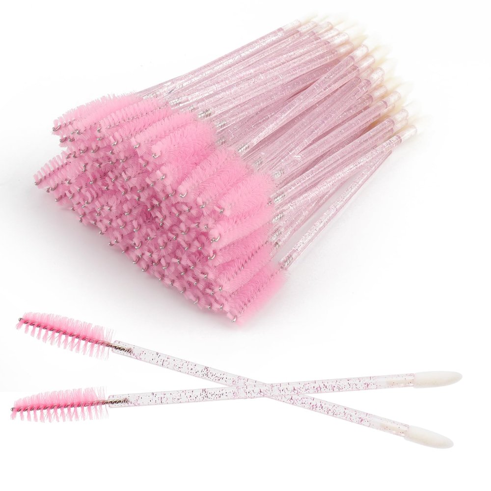 Mekupeu Pack of 200PCS Disposable Double Head Mascara Brush + Lip Brush Mascara Wand Lip Brushes Wand Beauty Makeup Tool (Pink)