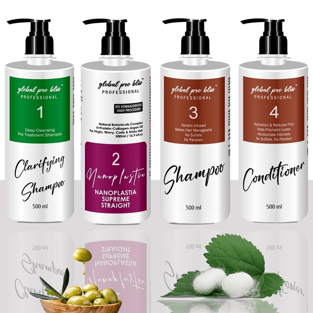 Global Pro Bliss Professional Supreme Nanoplastia Smoothing & Straightening Hair Treatment Pack of 4 | Includes Clarifying Shampoo, Treatment, Shampoo, & Conditioner (500ml), White