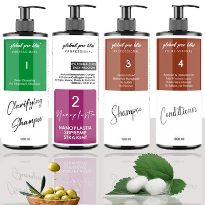 Global Pro Bliss Professional Supreme Nanoplastia Smoothing & Straightening Hair Treatment Pack of 4 | Includes Clarifying Shampoo, Treatment, Shampoo, & Conditioner (1000ml), White