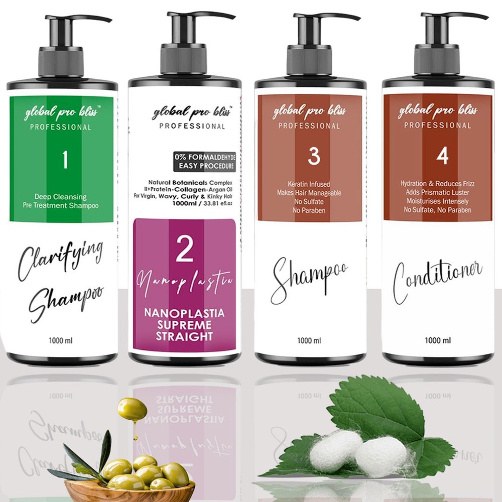 Global Pro Bliss Professional Supreme Nanoplastia Smoothing & Straightening Hair Treatment Pack of 4 | Includes Clarifying Shampoo, Treatment, Shampoo, & Conditioner (1000ml), White