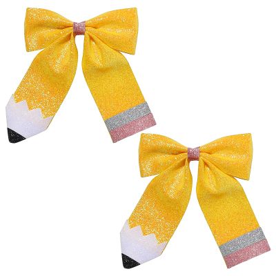 Back to School Pencil Hair Bows Clips, Painted Yellow Pencils School Girl Pigtail Glitter Leather Bow Clips Gifts for Toddler Kids Kindergarten 1st 2nd 3rd 4th 5th Grade (Small Pencil Bows 2Pcs)