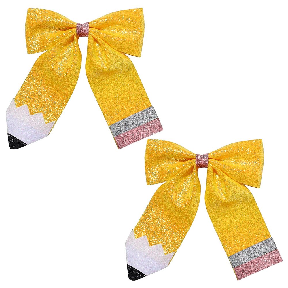 Back to School Pencil Hair Bows Clips, Painted Yellow Pencils School Girl Pigtail Glitter Leather Bow Clips Gifts for Toddler Kids Kindergarten 1st 2nd 3rd 4th 5th Grade (Small Pencil Bows 2Pcs)