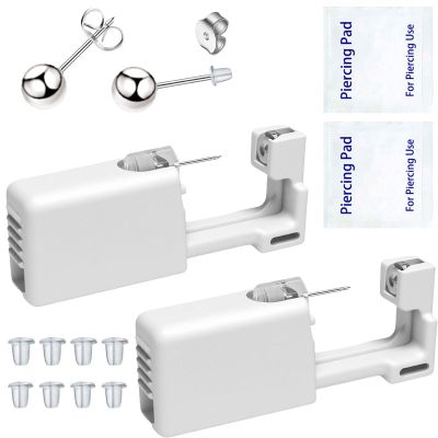 Ear Piercing Kits Disposable Ear Piercing Gun Kits No Pain Easy Use Ear Piercing Gun Kit Tool with Multi-Sized Gold Silver CZ Earring Studs (Silver)