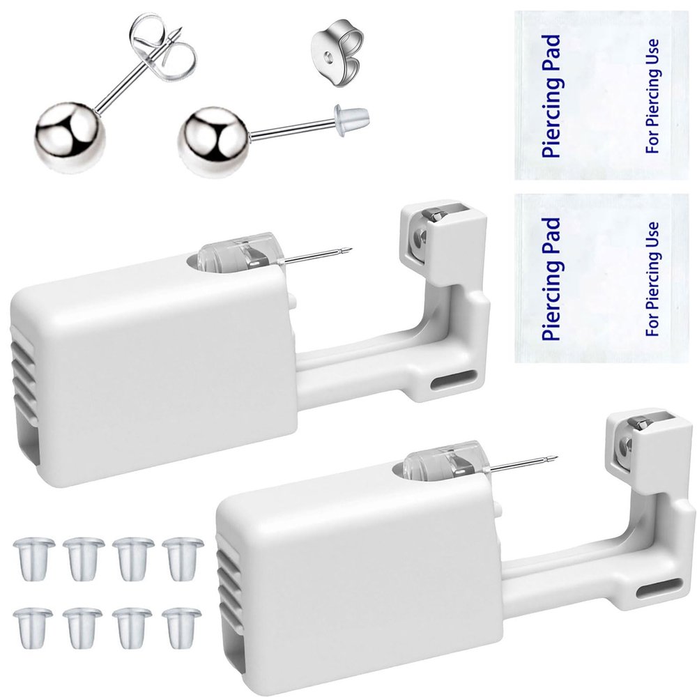 Ear Piercing Kits Disposable Ear Piercing Gun Kits No Pain Easy Use Ear Piercing Gun Kit Tool with Multi-Sized Gold Silver CZ Earring Studs (Silver)