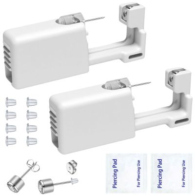 Ear Piercing Kits Disposable Ear Piercing Gun Kits No Pain Easy Use Ear Piercing Gun Kit Tool with Multi-Sized Gold Silver CZ Earring Studs (White- silvery)