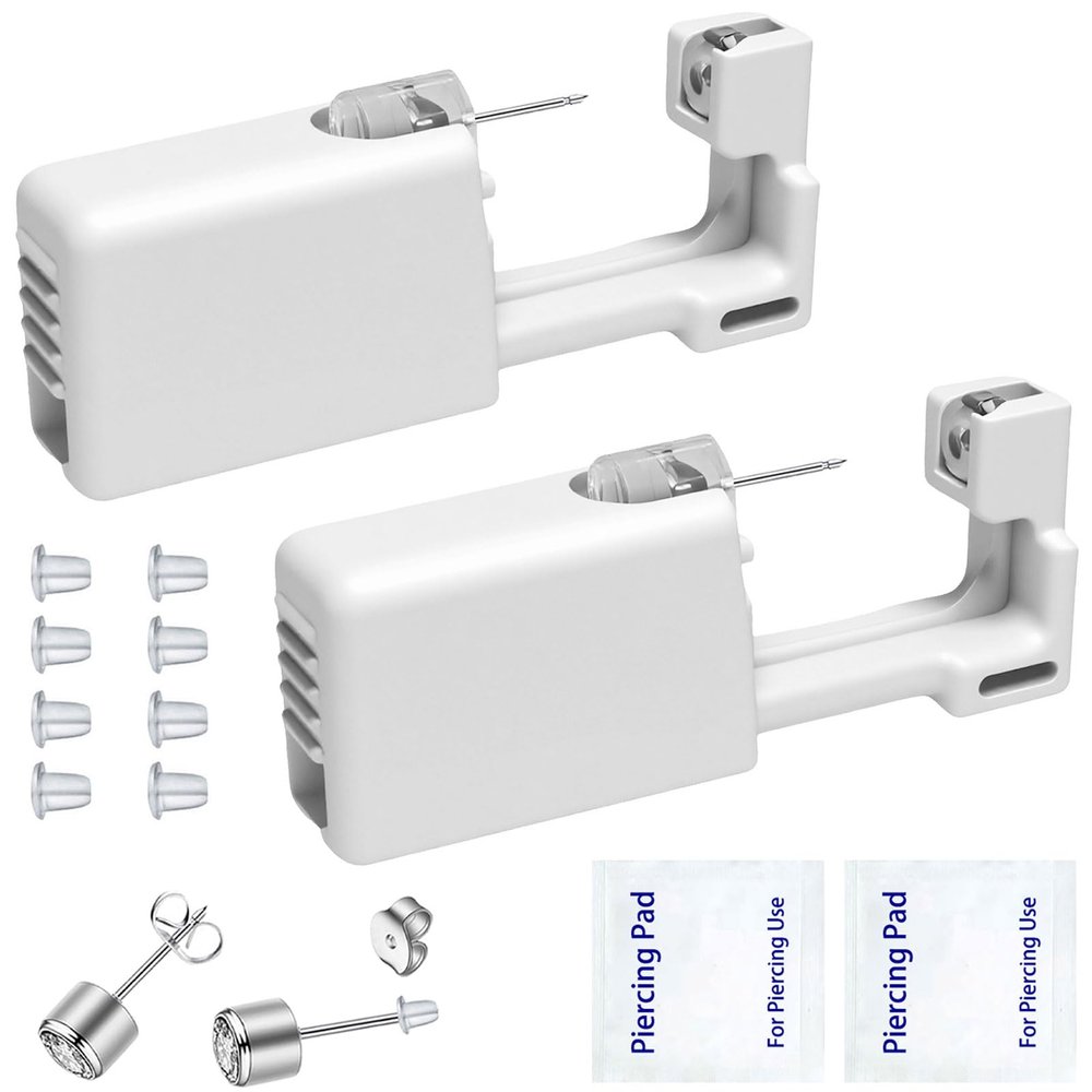 Ear Piercing Kits Disposable Ear Piercing Gun Kits No Pain Easy Use Ear Piercing Gun Kit Tool with Multi-Sized Gold Silver CZ Earring Studs (White- silvery)