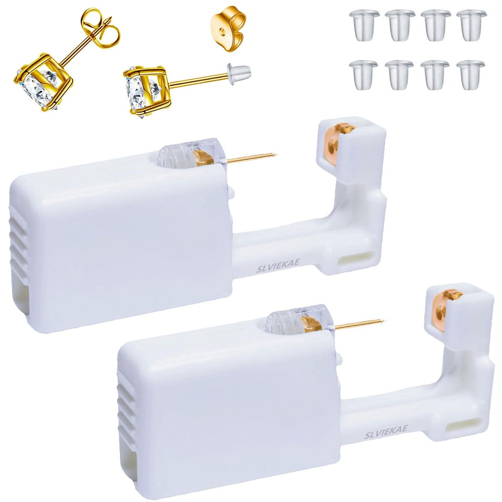 Ear Piercing Kits Disposable Ear Piercing Gun Kits No Pain Easy Use Ear Piercing Gun Kit Tool with Multi-Sized Gold Silver CZ Earring Studs (Yellow- White)