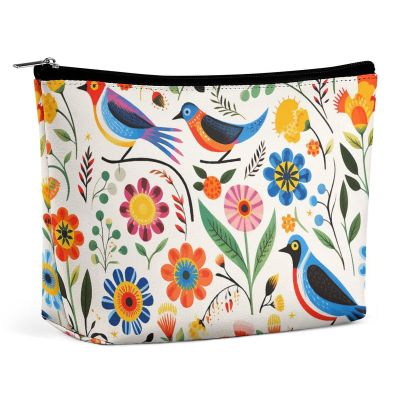 Dwrepo Makeup Bag Large Capacity Travel Makeup Bag PU Leather Cosmetic Bag for Women Flower And Bird Pattern Toiletry Bag Portable Zipper Makeup Organizer, white