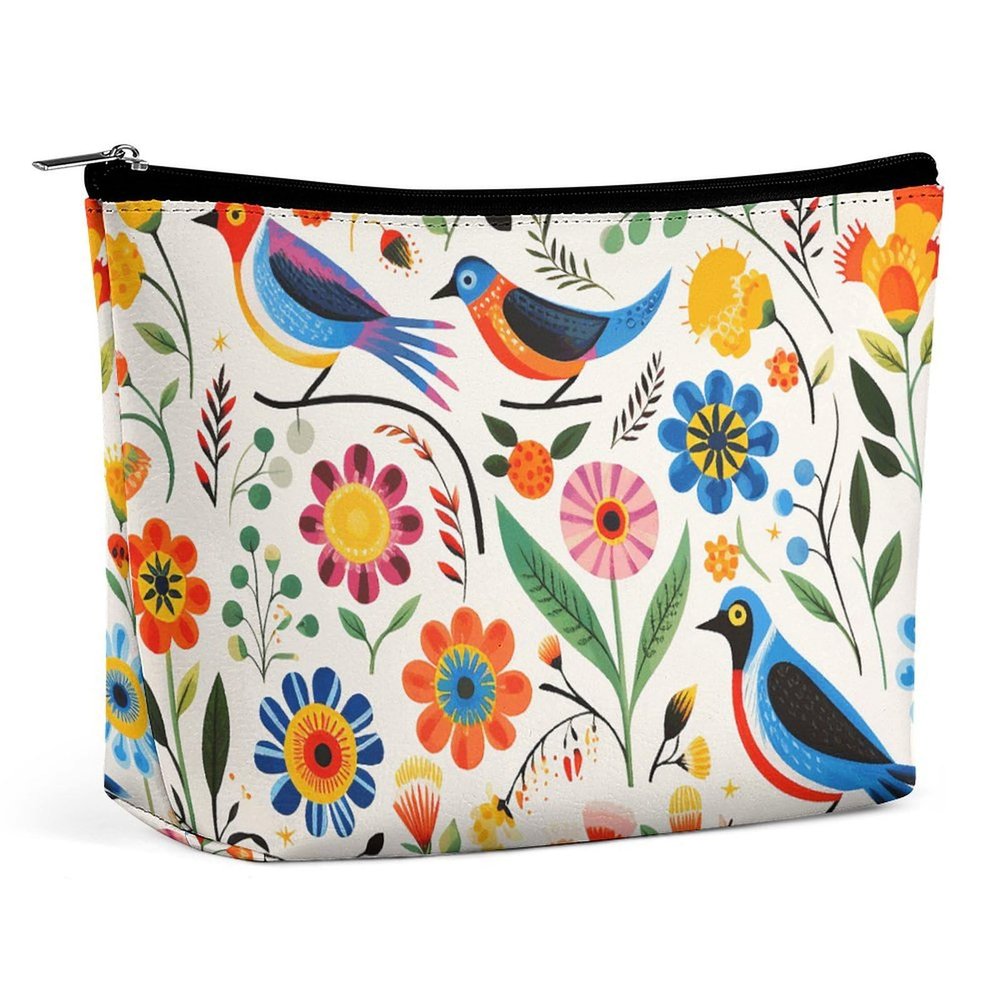 Dwrepo Makeup Bag Large Capacity Travel Makeup Bag PU Leather Cosmetic Bag for Women Flower And Bird Pattern Toiletry Bag Portable Zipper Makeup Organizer, white