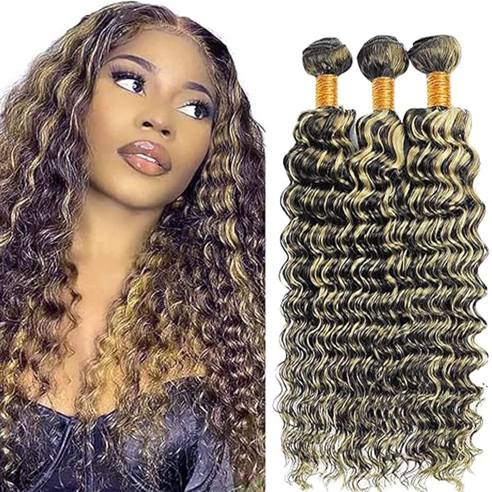 P1B27 Highlight Blonde Bundles Human Hair 24 26 28 Inch Deep Wave Blonde P1B/27 Human Hair Bundles Highlight Bundle Unprocessed Brazilian Virgin Hair Quick Weave Hair for Black Women