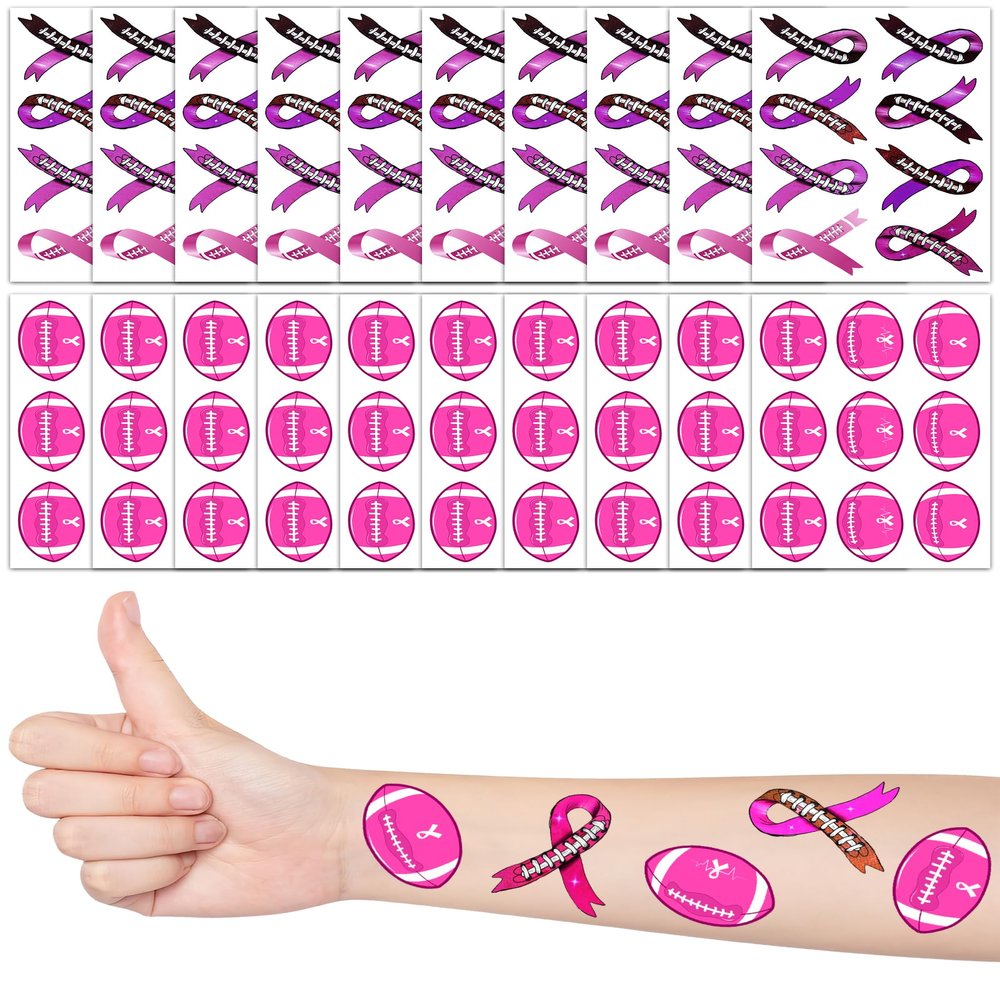20 Sheets Pink Out Football Breast Cancer Awareness Temporary Tattoos Stickers,170 Pieces Pink Football Ribbon Themed Tattoos Stickers Party Decoration Supplies favors for Kids Adults