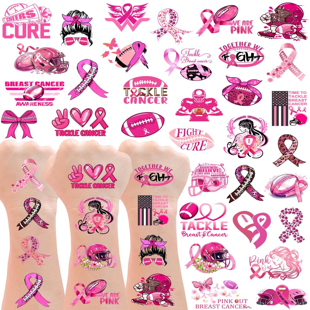 20 Sheets Pink Out Football Breast Cancer Awareness Temporary Tattoos Stickers,144 Pieces Time To Tackle Breast Cancer Themed Tattoos Stickers Party Decoration Supplies favors for Kids Adults