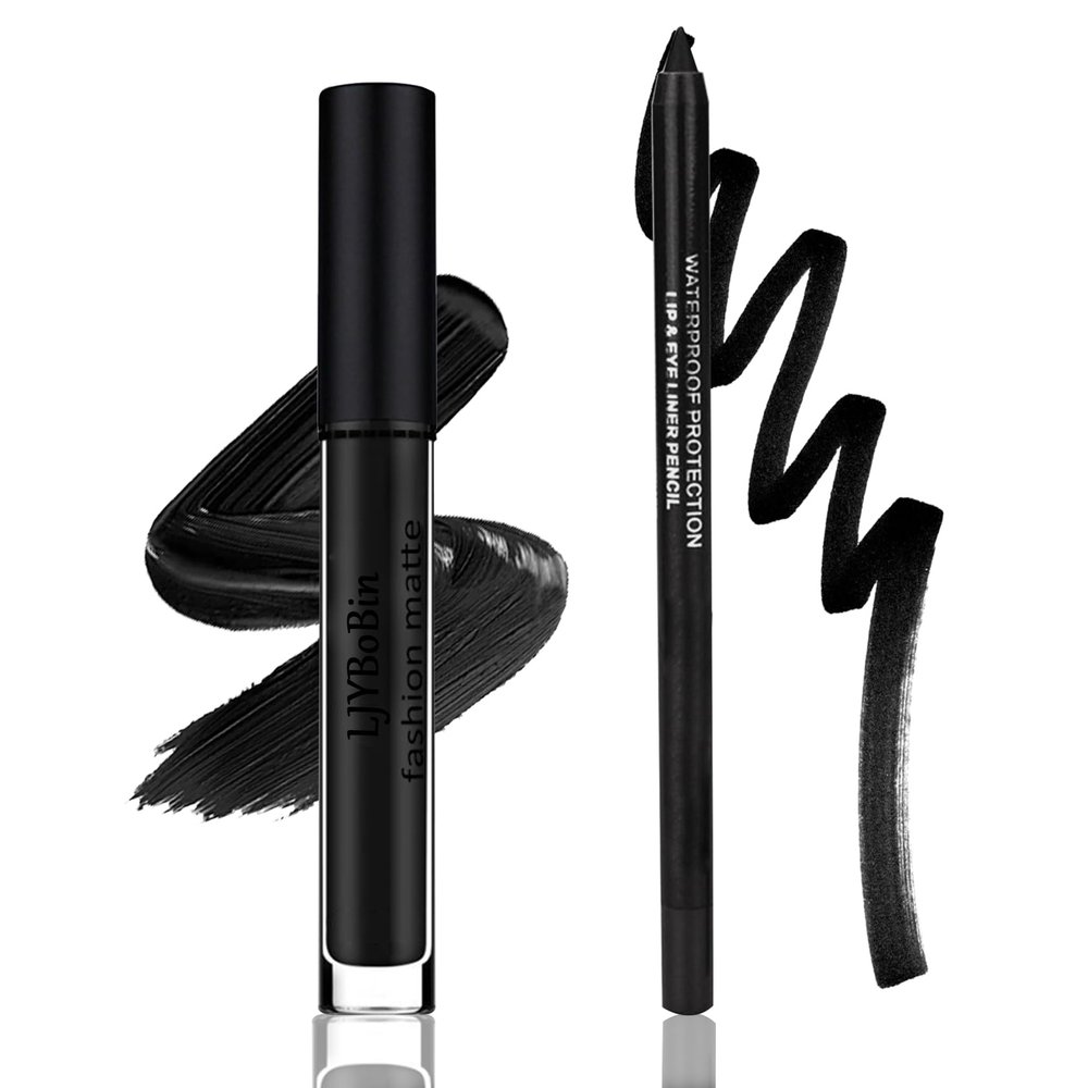 Black Matte Liquid Lipstick Set,Waterproof Smudge Proof Black Lip Liner and Lipstick Set for Women,Velvet Long Lasting Non-stick Cup Lip Gloss Stain Set for Halloween Cosplay Goth Daily Lip Makeup
