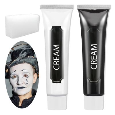 Black and White Face Body Paint, 2PCS Oil Based Full Coverage Painting Kit With Sponge, Washable Halloween Cream SFX Makeup for Goth Clown Zombie Festivals Skull Skeleton Cosplay