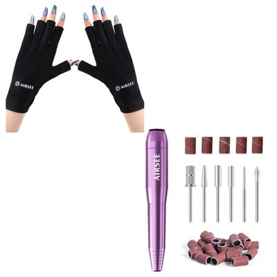 AIRSEE UV Gloves for Nail Lamp,Professional UPF50+ UV Protection Gloves for Manicures Nail Art Studio Basic Electric Nail Drill, 20000 RPM Portable USB Nail E File Machine for Beginners