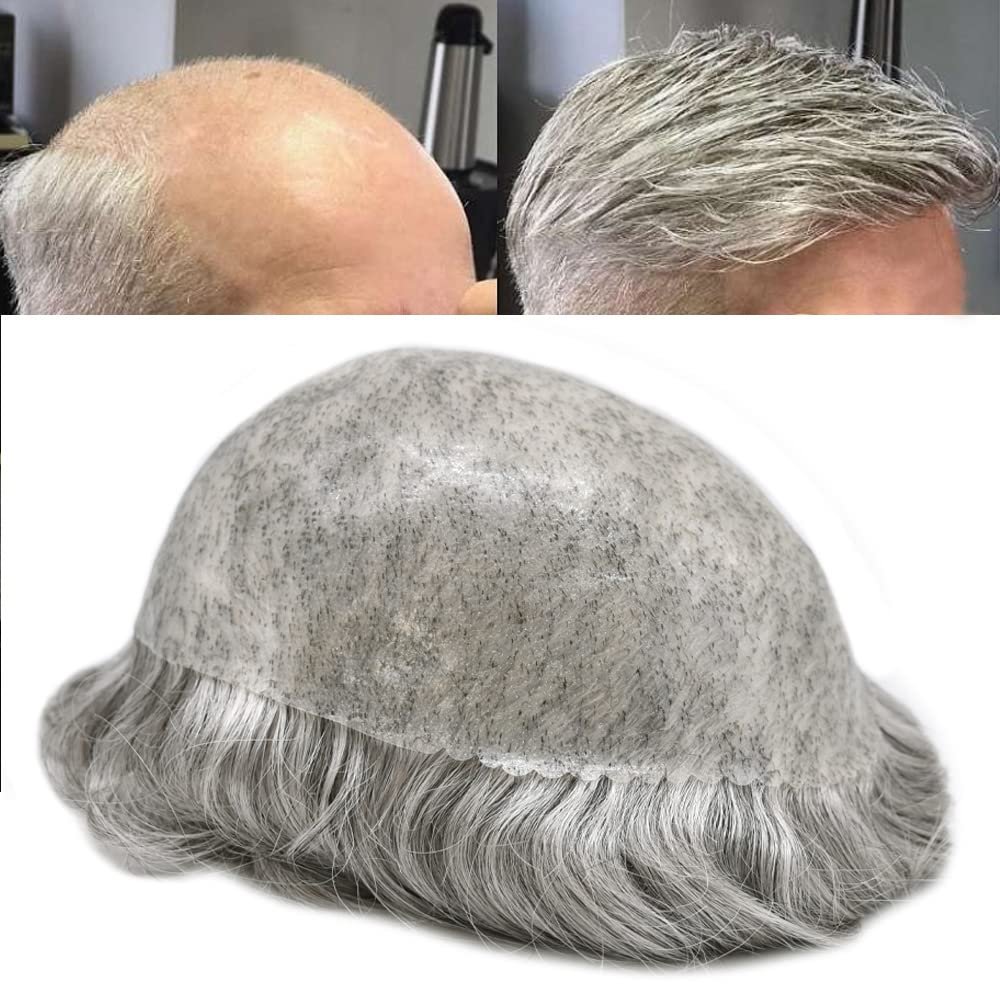 Toupee for Men Hairpiece Full Injected Poly Skin Hair System Replacement Durable PU Mens Toupee Hair Piece Unit for Men (#1B80 Off Black+80% Gray-120% Medium Light to Medium, 6''X9'')