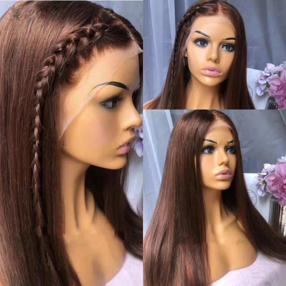 Brown 13x6 HD Transparent Lace Frontal Human Hair Wigs for Black Women Pre Plucked Brazilian Virgin Hair 2# Colored Long Straight Wig Glueless Natural Hairline Wig 150% Density 18Inch