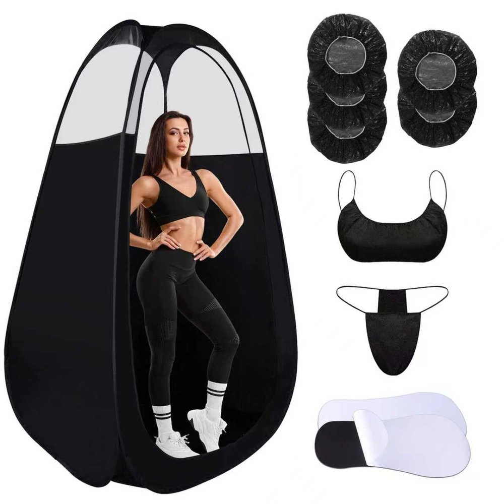 ROMSPRI 22 Pcs Spray Tan Tent Set, Pop Up Portable Professional Mobile Self Tanning Tent Booth with Carry Bag & Waterproof Floor, Large Taner Spray with Vent Opening (78.4 * 47.2 * 47.2 inchesBlack)