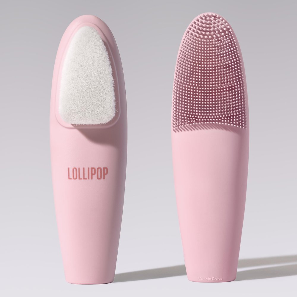 LOLLIPOP Dual-Sided Facial Cleansing Brush | Handle Size Silicone Face Exfoliator and Soft Fiber Cleanser | Manual Face Scrubber for Pores, Makeup Removal, Blackhead and Skincare Routine, Bubblegum