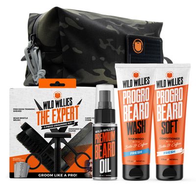 Wild Willies Complete Beard Grooming Kit for Men - Includes 5 Piece Grooming Kit, PROGRO Shampoo Wash & Conditioner, & Premium Hair Oil for Daily Use, Beard Growth & Hydration
