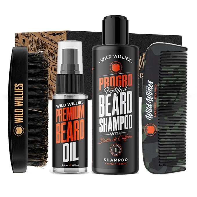 Wild Willies Beard Care Kit for Men - Beard Grooming Set with Oil, Shampoo, Comb & Brush - Mens Care Set