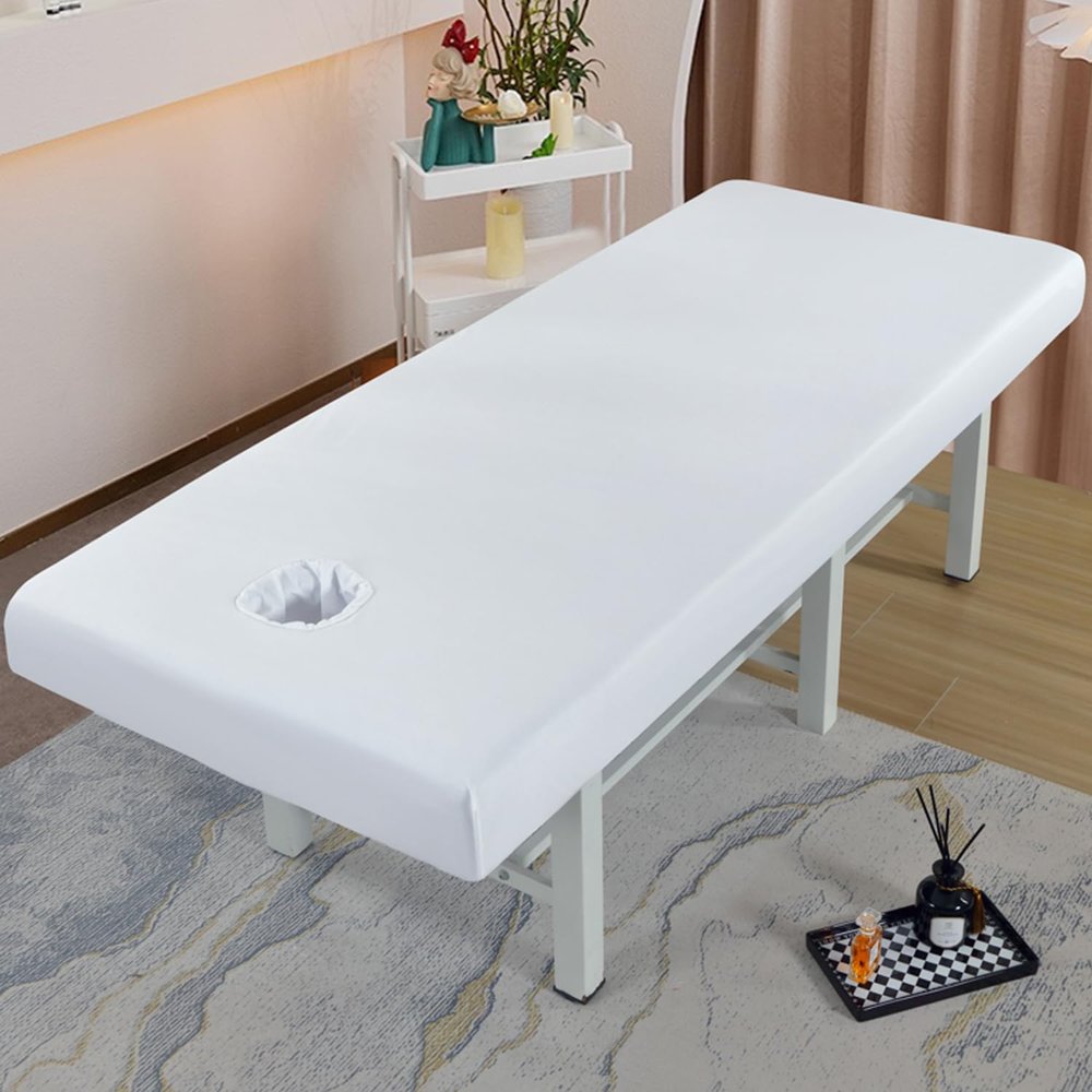 Waterproof Spa Bed Cover Lash Bed Sheet Massage Table Sheet with Hold Soft Massage Bed Cover for Cosmetic Salon Table with Elastic Cord All-Round Wrap Square Head,White,180x60cm(H)