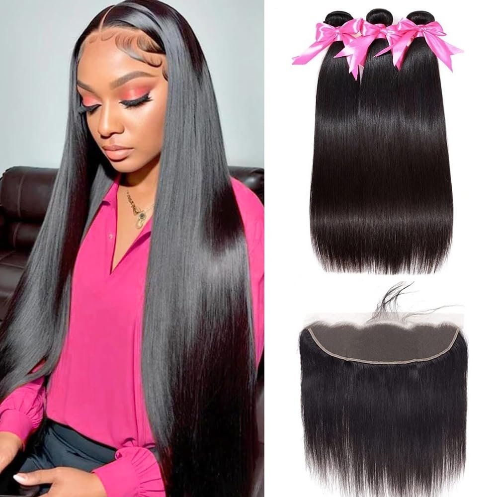 10A Brazilian Straight Human Hair Bundles with Frontal 10 12 14+10 Inch Straight Bundle Human Hair with Closure 100% Unprocessed Virgin Hair Weave 3 Bundles with 13x4 HD Lace Frontal