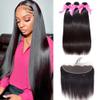 10A Brazilian Straight Human Hair Bundles with Frontal 10 12 14+10 Inch Straight Bundle Human Hair with Closure 100% Unprocessed Virgin Hair Weave 3 Bundles with 13x4 HD Lace Frontal view 1