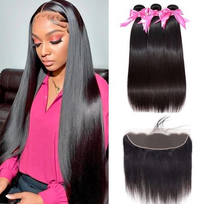 10A Brazilian Straight Human Hair Bundles with Frontal Closure 16 18 20+14 Inch Straight Bundle Human Hair with Closure 100% Unprocessed Virgin Hair Weave 3 Bundles with 13x4 HD Lace Frontal