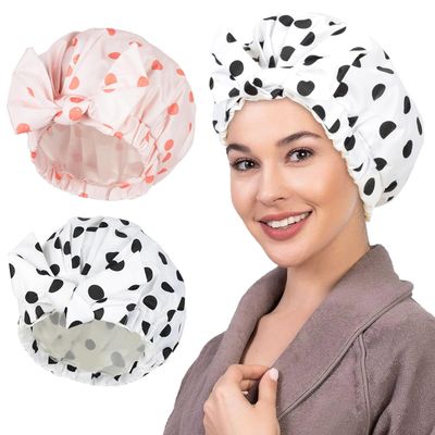 2Pcs Shower Caps for Women Shower Cap Reusable Waterproof Hair Cap for Shower with Adjustable Bowknot Luxury Bath Cap for Women (Black Dot & Pink Dot)