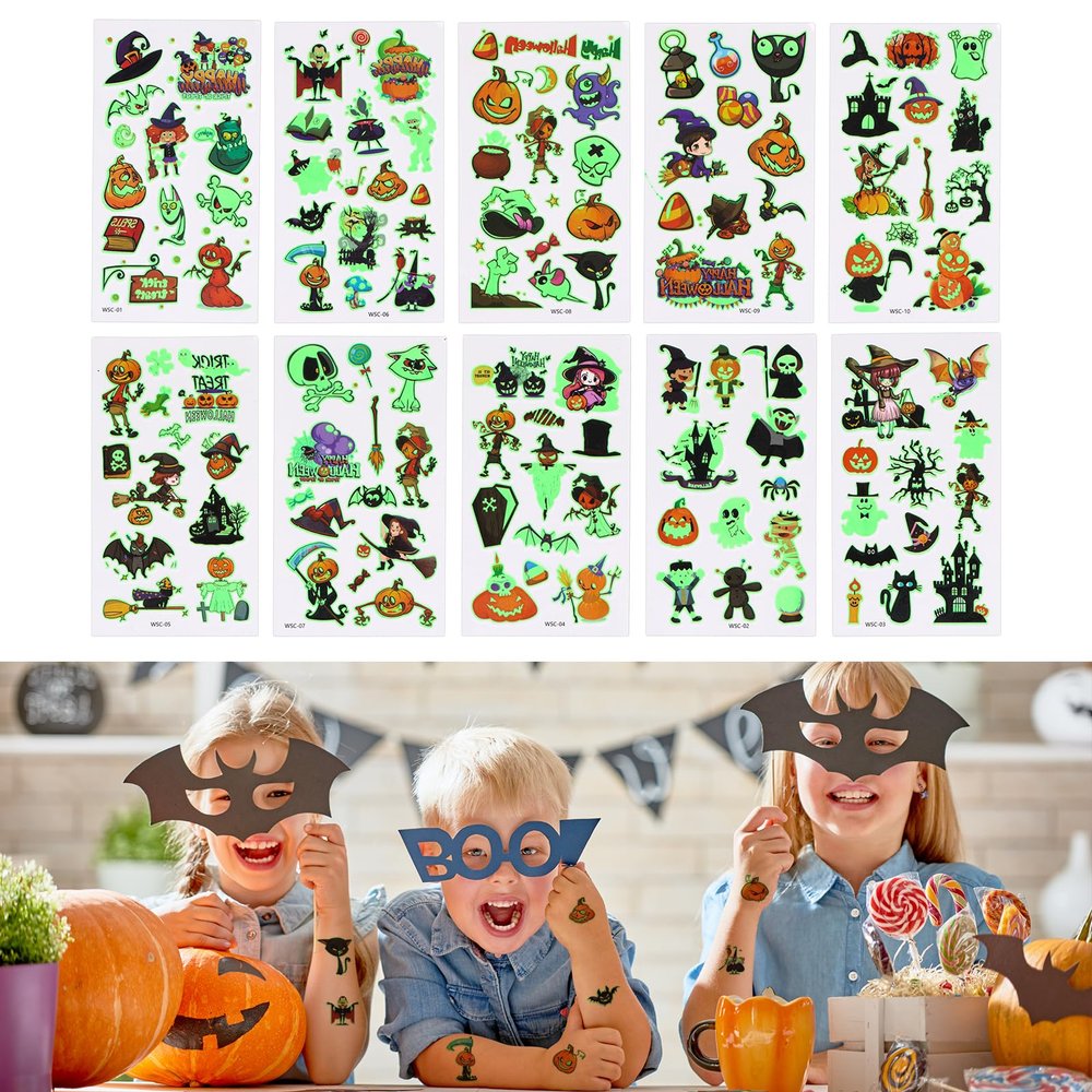 10 Sheets Halloween Temporary Tattoos for Kids, Luminous Halloween Tattoo Stickers Glow Cartoon Witch Bats Pumpkin Tattoos for Boys Girls Party Favors Gift Bag Trick or Treat (Series D)