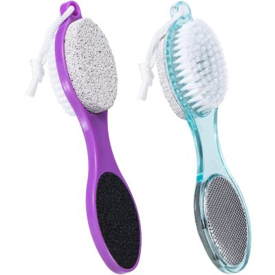 Beomeen Pumice Stone Brush for Feet 4 in 1, Foot File Callus Remover, Foot Rasp and Sand Paper Pedicure Tools with Handle, Shower Foot Scrubber, Soft Smooth Feet for Home Foot Care,2 Pack