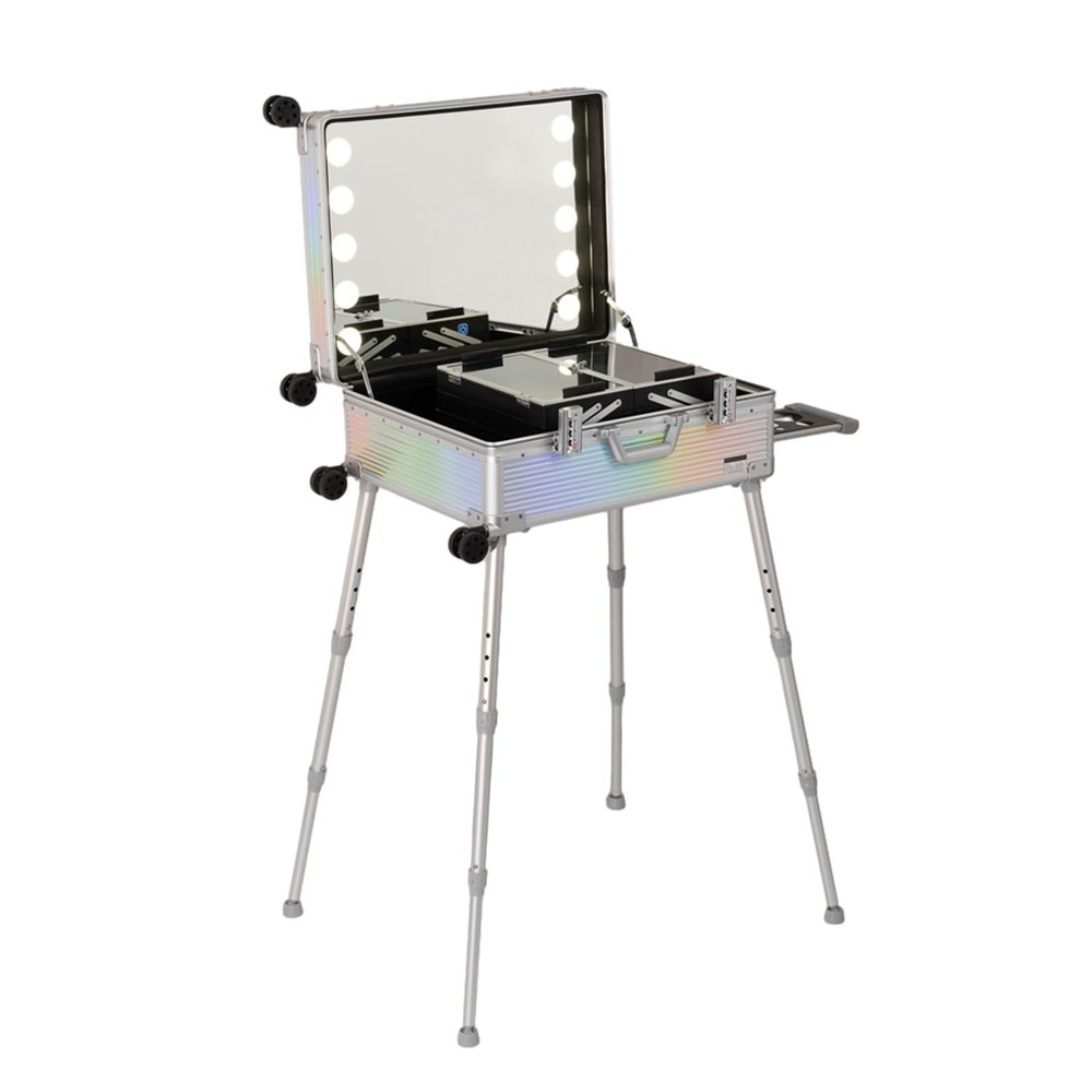 KJLYLPP Rolling Makeup Train Case with Lighted Mirror, Make Up Cosmetic Orgainzer Box Travel Case, Professional Aluminum Trolley Salon Staion (Dazzling Stripes)