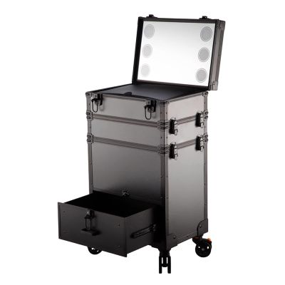 KJLYLPP Train Case Rolling Cosmetic Organizer with Rolling Wheels 6 Lights and Mirror, Make-up Case with Light, Beauty Makeup Train Case Travel Trolley,Safe Latch (Black 4)
