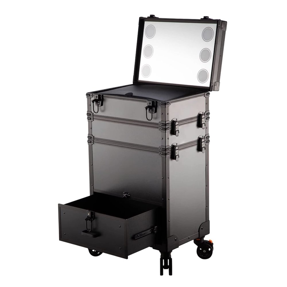 KJLYLPP Train Case Rolling Cosmetic Organizer with Rolling Wheels 6 Lights and Mirror, Make-up Case with Light, Beauty Makeup Train Case Travel Trolley,Safe Latch (Black 4)