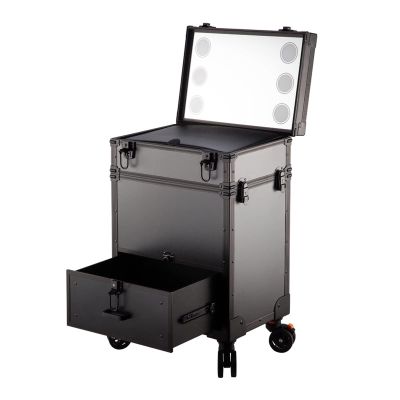 KJLYLPP Train Case Rolling Cosmetic Organizer with Rolling Wheels 6 Lights and Mirror, Make-up Case with Light, Beauty Makeup Train Case Travel Trolley,Safe Latch (Black 3)