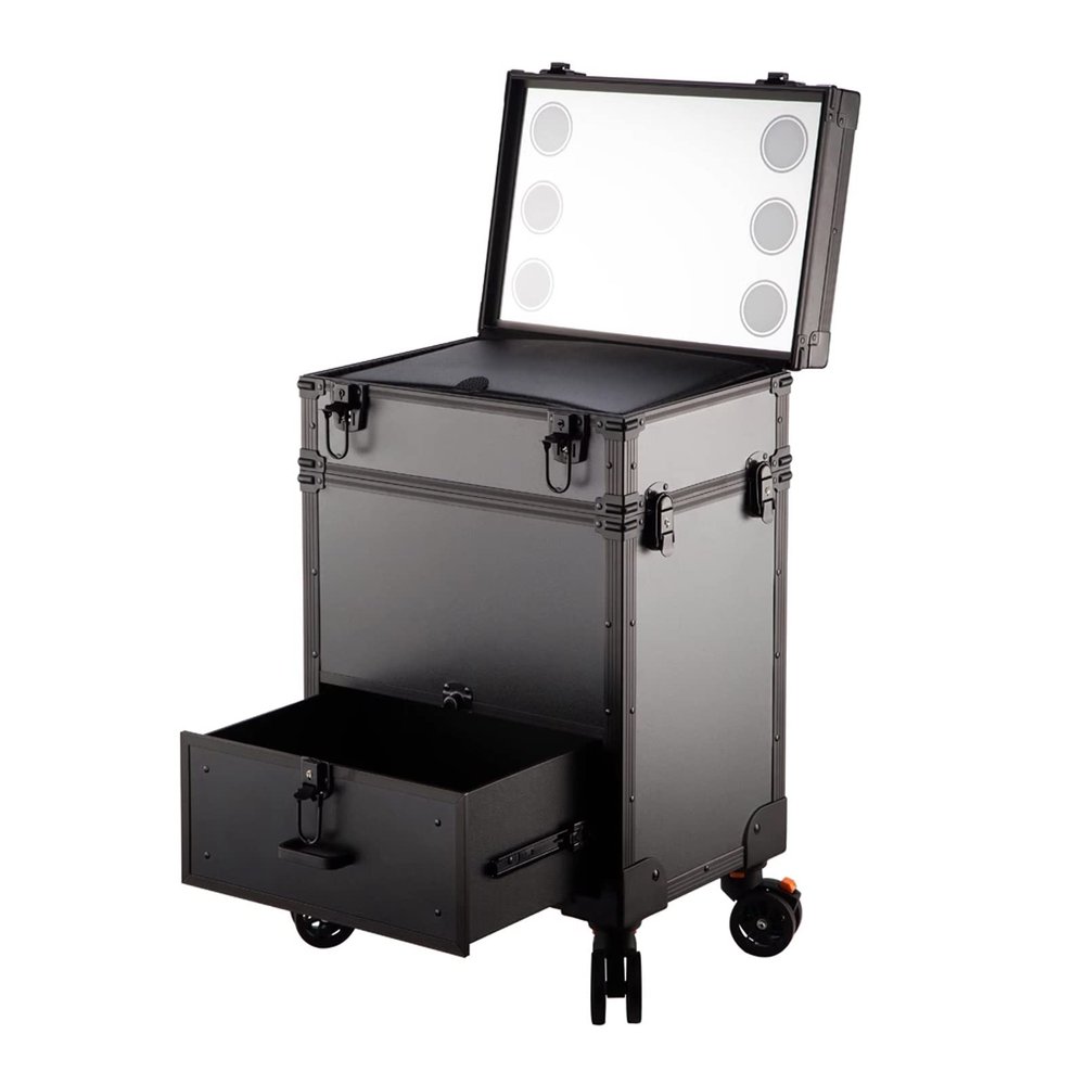 KJLYLPP Train Case Rolling Cosmetic Organizer with Rolling Wheels 6 Lights and Mirror, Make-up Case with Light, Beauty Makeup Train Case Travel Trolley,Safe Latch (Black 3)