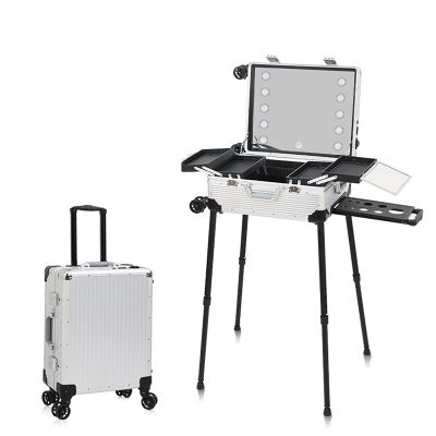 KJLYLPP Rolling Makeup Train Case, Makeup Trolley, Professional Cosmetic Organizer Case with Mirror and 3 Colors LED Lights (Silver Large)