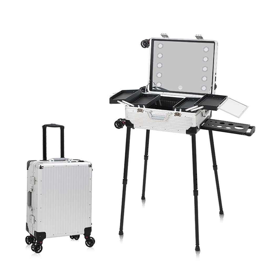 KJLYLPP Rolling Makeup Train Case, Makeup Trolley, Professional Cosmetic Organizer Case with Mirror and 3 Colors LED Lights (Silver Large)