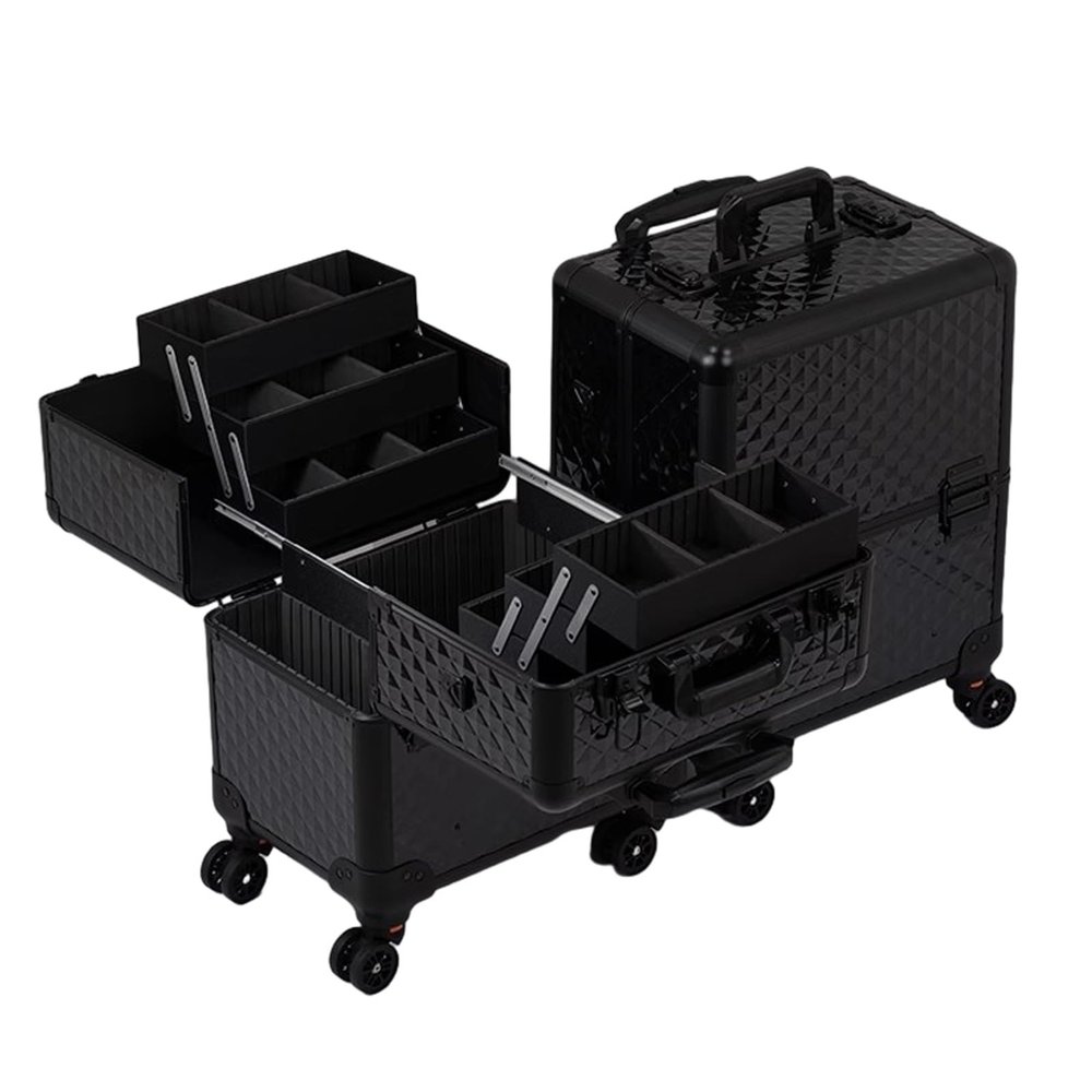 KJLYLPP Train Case Rolling Cosmetic Organizer with Rolling Wheels Aluminium Make Up Case, Professional Make Travel Makeup Bag Cosmetic Case,Black Travel Makeup Bag