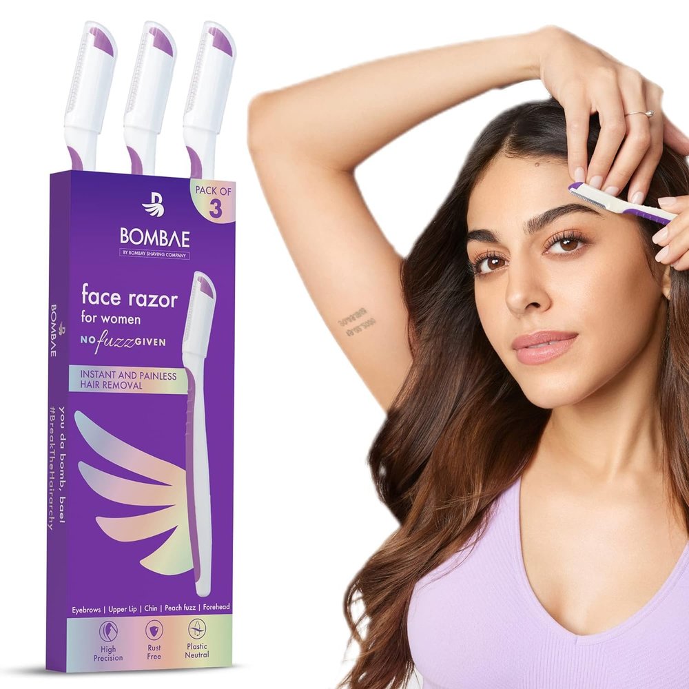 Generic Bom.bae Reusable Face Razor For Women Facial Hair - 3 | Instant Glow & Painless Hair Removal | For Eyebrows, Upper Lip, Chin, Peach Fuzz, Forehead, Unibrow, Sideburns, Blue