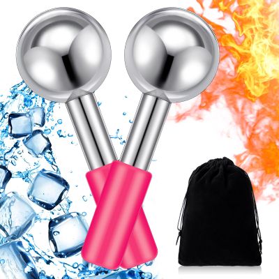 Baderke 2 Pcs Ice Globes for Face Stainless Steel Cooling Globes Unbreakable Cooling Roller Women Ice Balls Cryo Sticks Facials Skin Care for Dark Circles, Puffiness(Silver (Pink Handle))