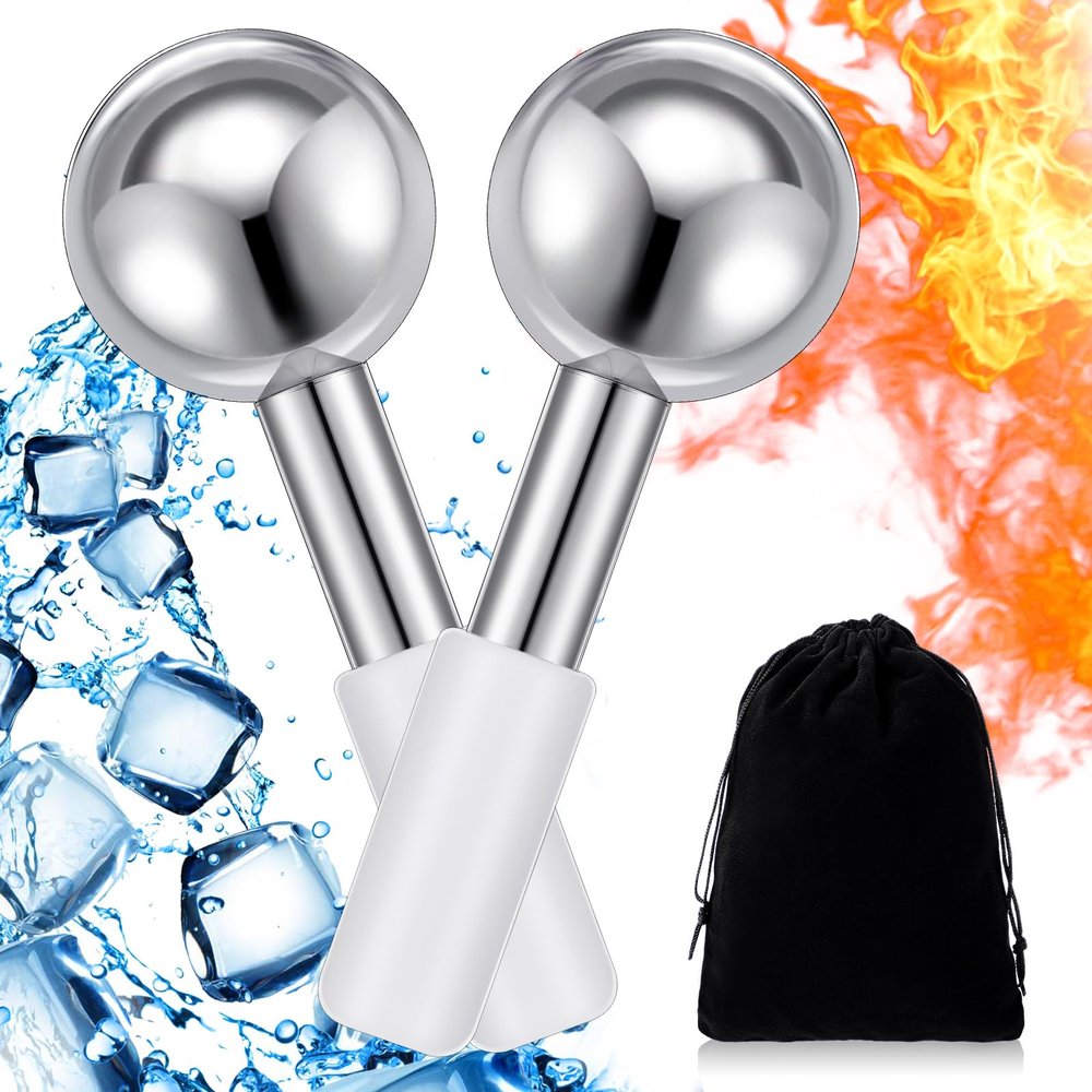 Baderke 2 Pcs Ice Globes for Face Stainless Steel Cooling Globes Unbreakable Cooling Roller Women Ice Balls Cryo Sticks Facials Skin Care for Dark Circles, Puffiness(Silver (White Handle))