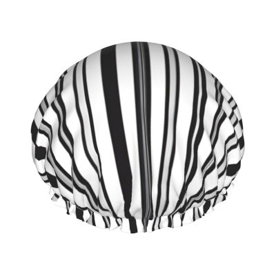 Black & White Stripe Printed Double Layer Lined Shower Cap,Shower Caps For Women Reusable