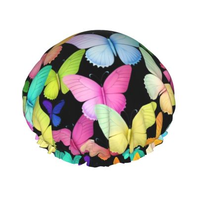 Butterflies Printed Double Layer Lined Shower Cap,Shower Caps For Women Reusable